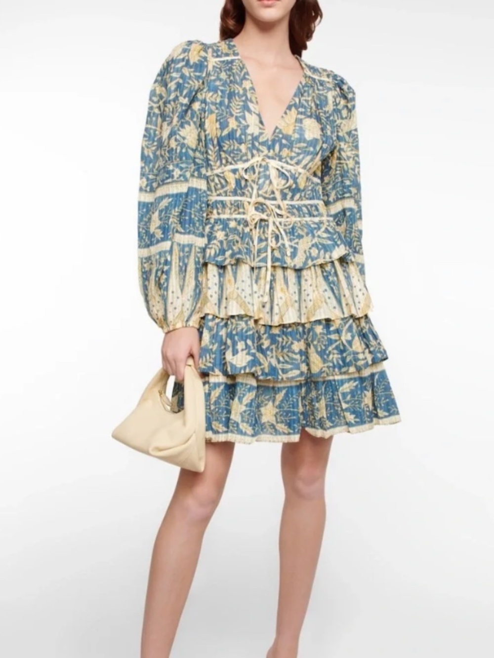 NWT Ulla Johnson Nina Dress Lanai Blue Floral Tiered Mini Balloon Sleeve Sz 6